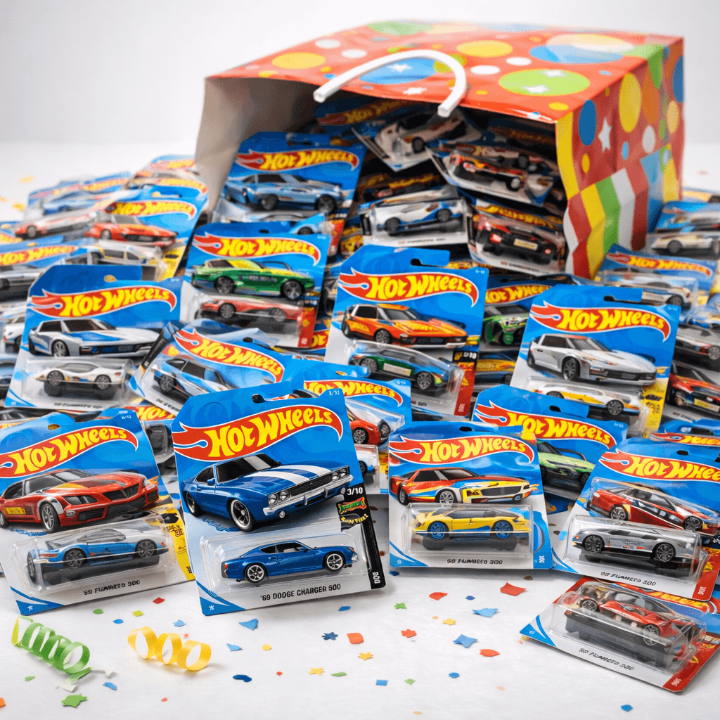Hot Wheels mega party pack — 50 cars overflowing from gift box