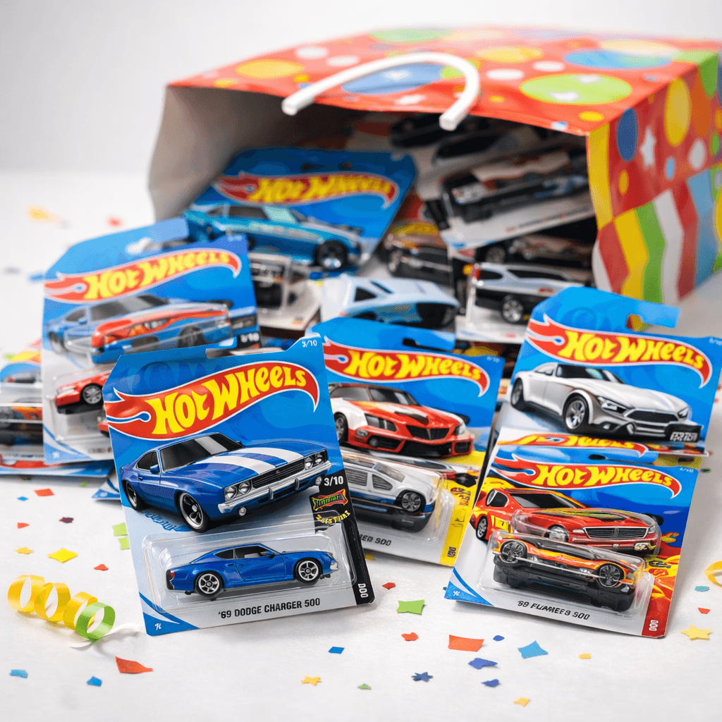 Hot Wheels party pack — 25 cars spilling from gift box